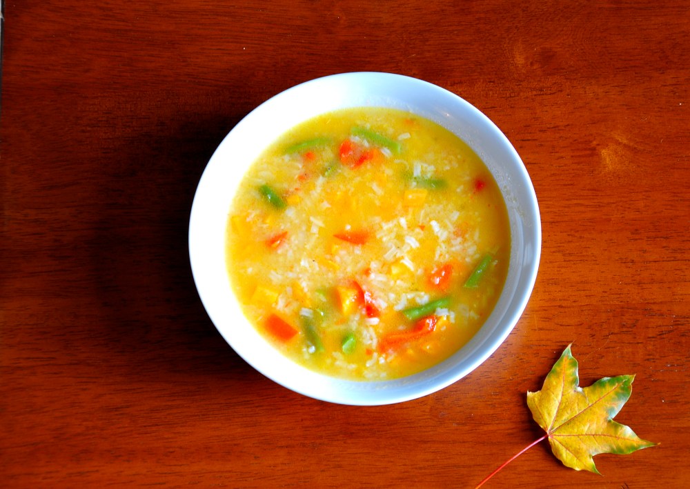 Vegetable Rice Soup on Wood