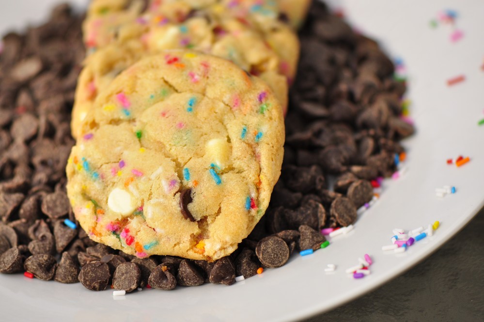 Close-Up Cake Batter Cookies with Sprinkles and Chocolate Chips